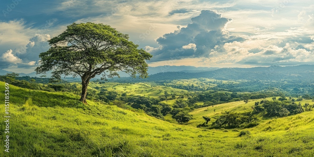 Obraz premium Panoramic view of a lush countryside featuring a tree prominently in the foreground, showcasing the beauty of natural landscapes in a vibrant and serene setting. Enjoy this countryside panorama.