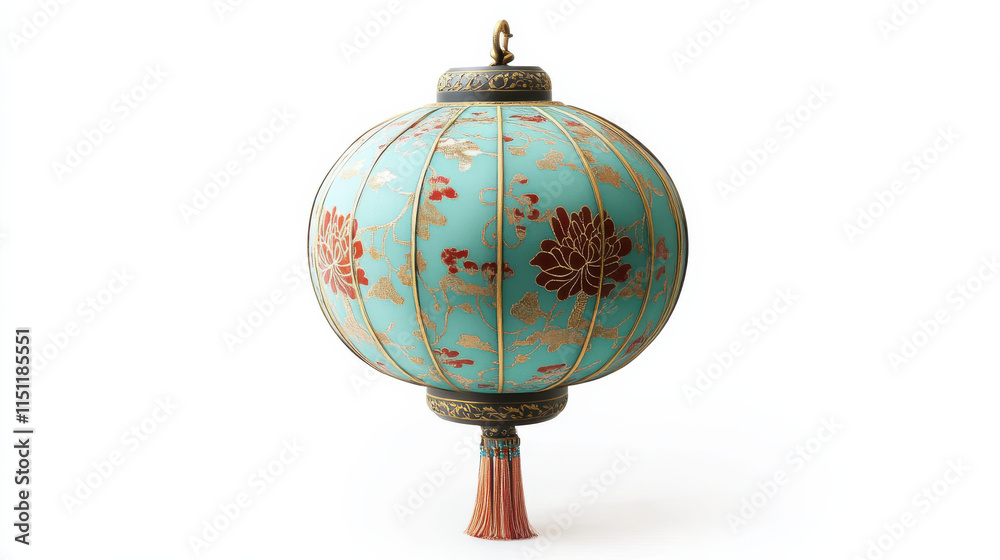 A traditional oriental lantern, intricately designed with vibrant teal and gold patterns, showcasing floral motifs A traditional oriental lantern, intricately designed with vibrant teal and gold patterns, showcasing floral motifs