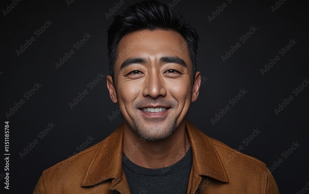 Obraz premium Asian man with a smile on his face is wearing a suit and a shirt in studio color background