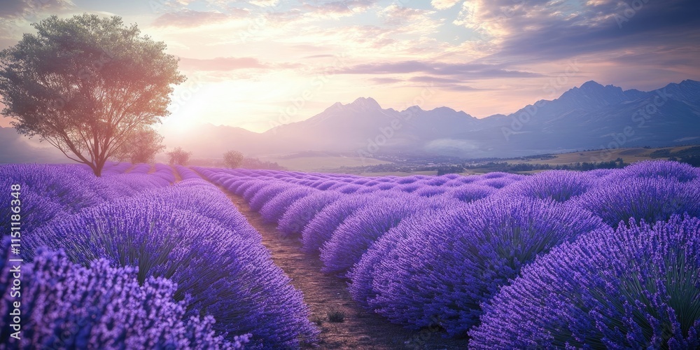 Fototapeta premium Vibrant lavender field in full bloom creates a stunning summer landscape, showcasing the beauty of blue lavender flowers that fill the scene with color and tranquility.