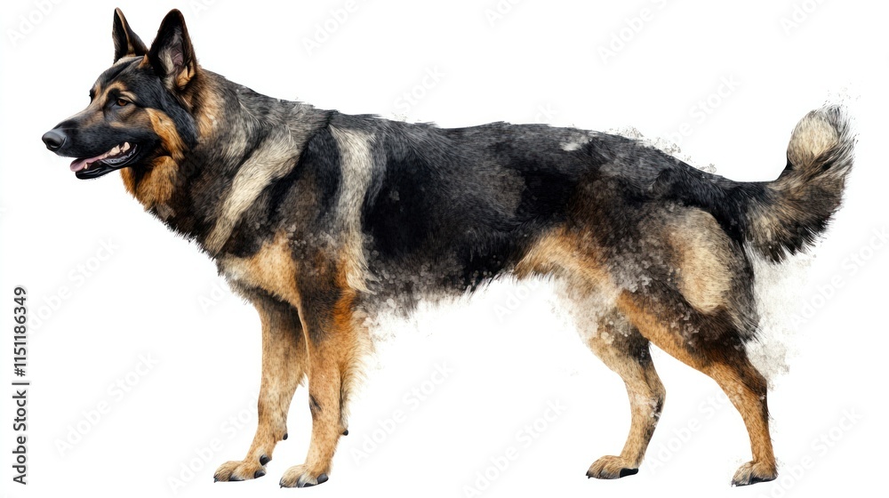 A German Shepherds signature black-and-tan coat clear as it stands motionless, isolated on white A German Shepherds signature black-and-tan coat clear as it stands motionless, isolated on white