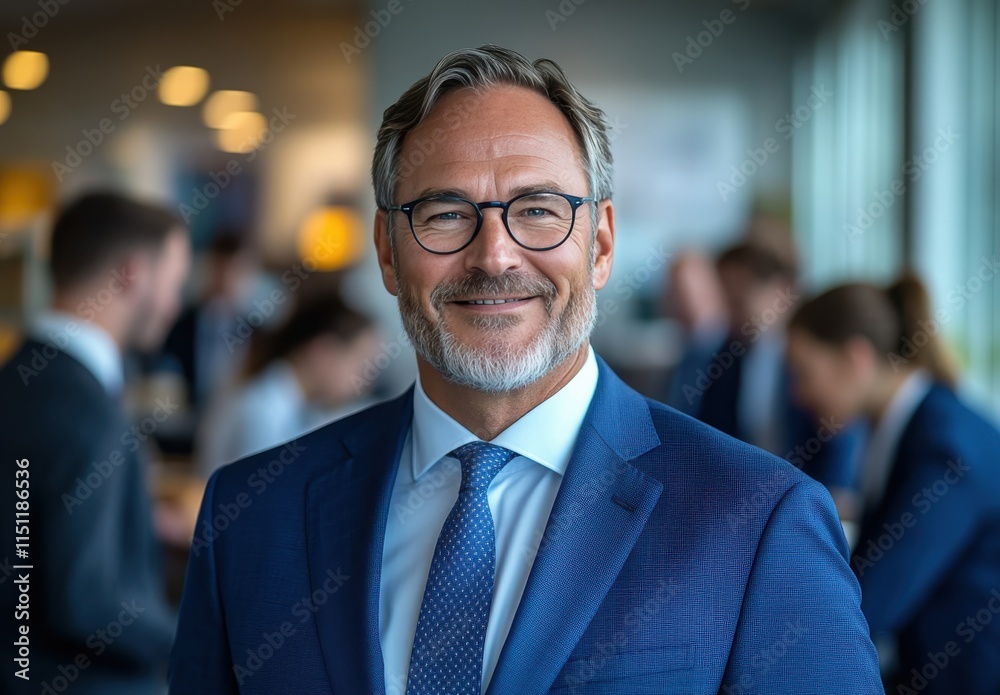 Business professional smiling confidently in a formal setting during a corporate event Business professional smiling confidently in a formal setting during a corporate event