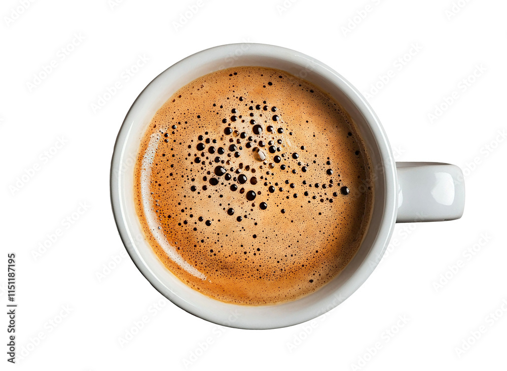 Top view of freshly brewed coffee in white cup, isolated on transparent cutout background