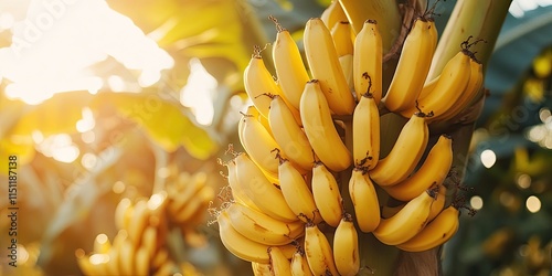 Close up view of a banana tree featuring a bunch of vibrant, ripe yellow bananas, showcasing the beauty of the banana tree and its flourishing yellow bananas in nature. photo