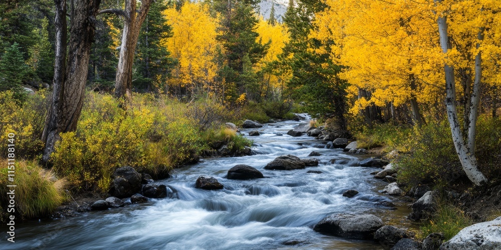 Autumn colors of yellow and green showcase a vibrant forest where a river flows gracefully, embodying the beauty of an autumn forest with its stunning yellow and green hues. Autumn colors of yellow and green showcase a vibrant forest where a river flows gracefully, embodying the beauty of an autumn forest with its stunning yellow and green hues.