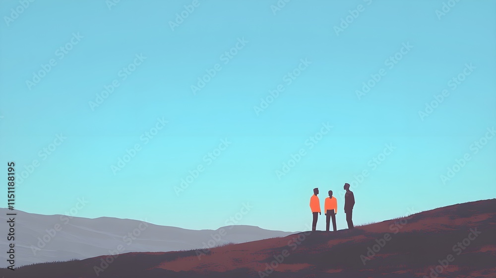 Obraz premium Group discussion on a hillside scenic landscape outdoor activity clear sky informal gathering