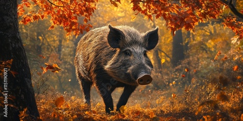 Portrait of a wild boar amidst the vibrant autumn forest, showcasing the wild boar s natural beauty and the rich colors of the season in a captivating wildlife scene. photo