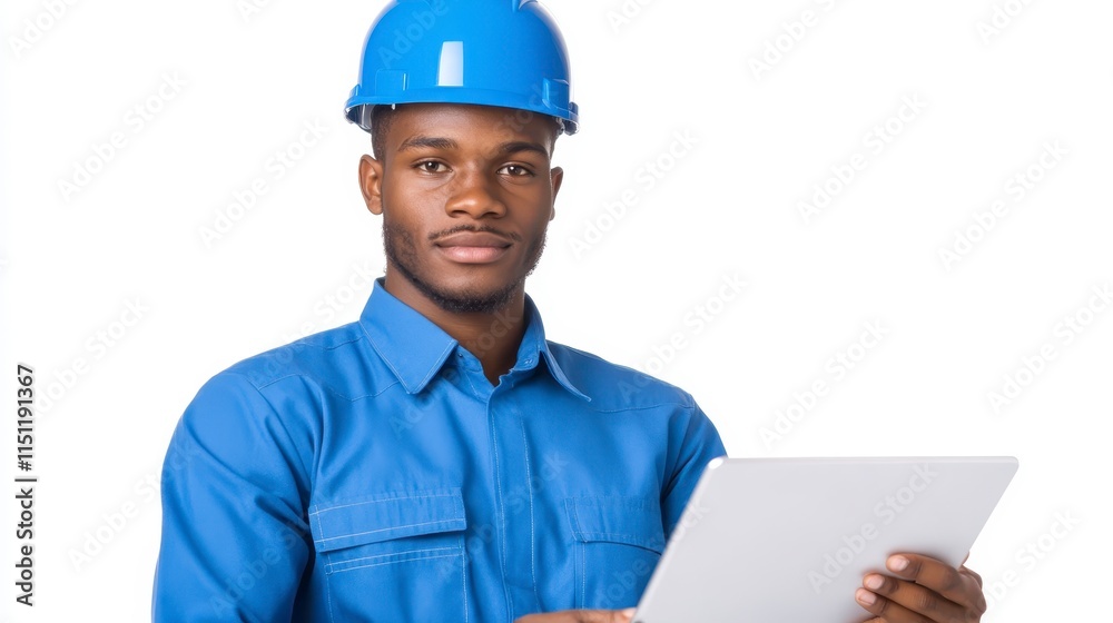 A construction worker in blue attire and a safety helmet holds a clipboard, ready to document and monitor tasks on-site. A construction worker in blue attire and a safety helmet holds a clipboard, ready to document and monitor tasks on-site.