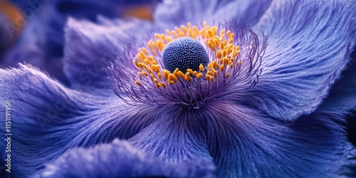Close up view of a blue pasqueflower, showcasing the intricate details of the blue pasqueflower, an enchanting bloom that captivates with its vibrant color and unique features.