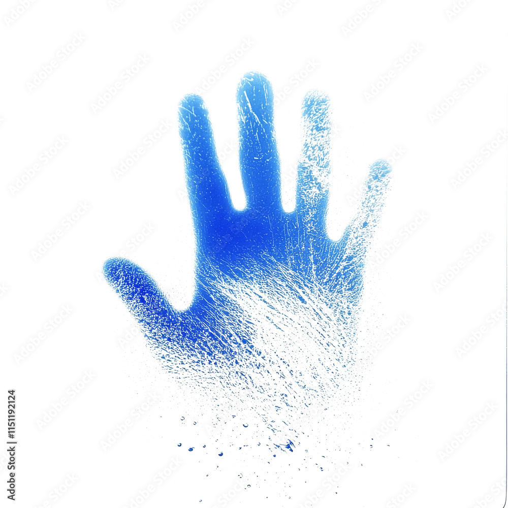 Blue Handprint on Frosted Glass: A Unique Textured Design on a transparent and white background Blue Handprint on Frosted Glass: A Unique Textured Design on a transparent and white background