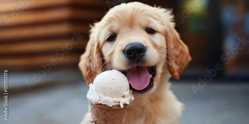 Golden puppy dog enjoying a delicious ice cream treat. This playful golden puppy dog can t resist the sweet taste of ice cream, making every moment with the golden puppy dog a delightful experience. photo