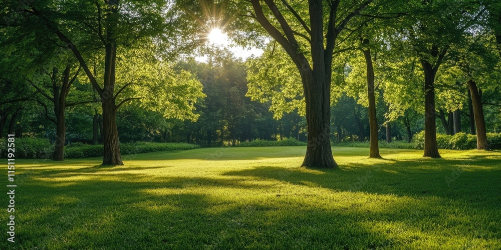 Obraz premium Serene nature scene featuring a lush forest with tall trees in a tranquil park setting, showcasing the beauty of nature and the vital role of trees in the environment.
