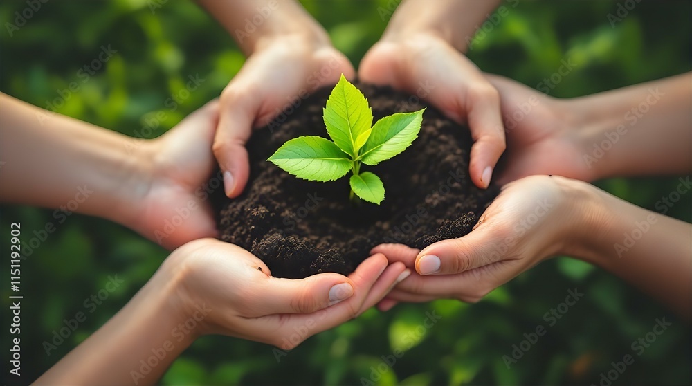 Four Hands Gently Cradle a Young Sapling, Symbolising Environmental Stewardship and Collective Growth Four Hands Gently Cradle a Young Sapling, Symbolising Environmental Stewardship and Collective Growth