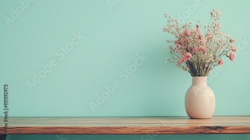 Wallpaper Mural Close-up Photo: Delicate Dried Flowers Gracefully Arranged in a Vase Against a Serene Teal Wall. AI Generated Torontodigital.ca