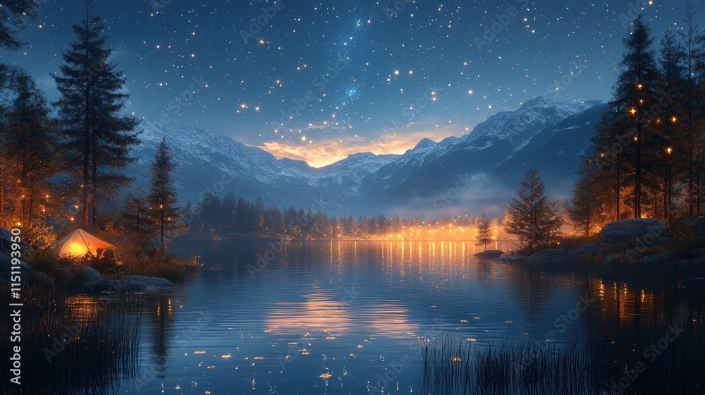 Fototapeta premium Starry night, lakeside campsite, mountain reflections.