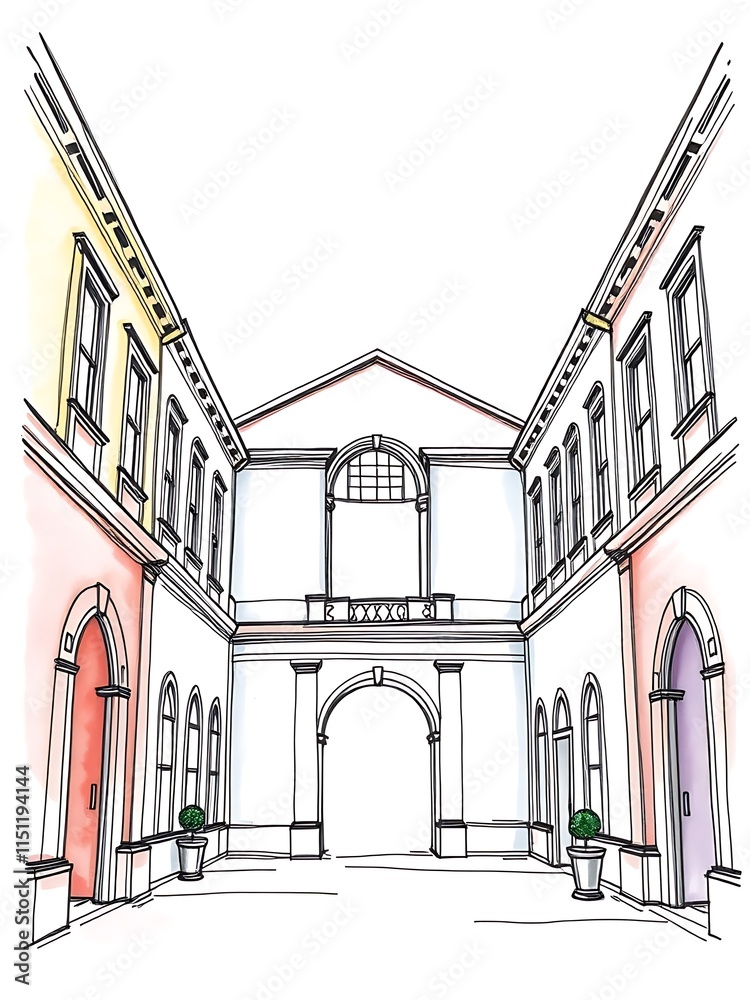 Colorful Hand-Drawn Courtyard Illustration. AI Generated Colorful Hand-Drawn Courtyard Illustration. AI Generated