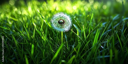 Dandelion blooming amidst lush green grass, creating a vibrant scene. This dandelion stands out beautifully in the rich green grass, showcasing nature s delicate beauty with the dandelion s unique photo