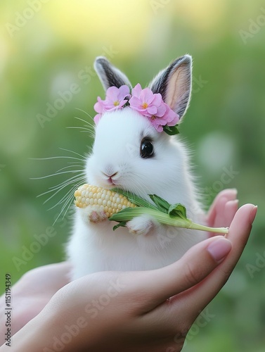 Adorable Baby Bunny with Corn and Flower Crown