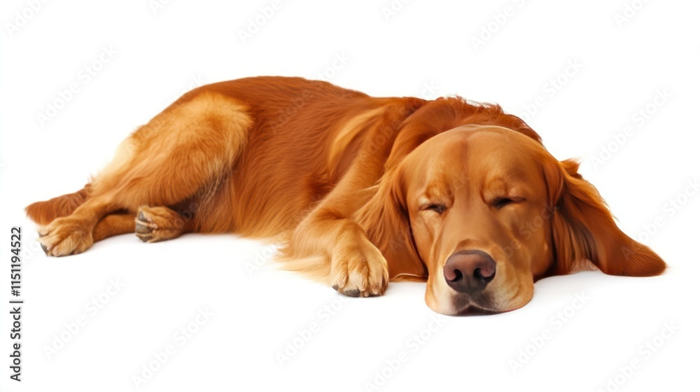 A golden retriever with head slightly lowered, calm demeanor, isolated on a pure white backdrop