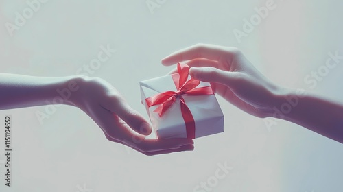 Gift Exchange: A tender moment captured in soft light, two hands carefully exchanging a small, elegantly wrapped gift. The image evokes feelings of care, generosity, and anticipation.