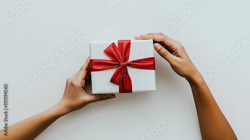 Gift of Love: A pair of hands gently holds a beautifully wrapped gift, adorned with a vibrant red bow. The image evokes feelings of anticipation, affection, and the joy of giving.