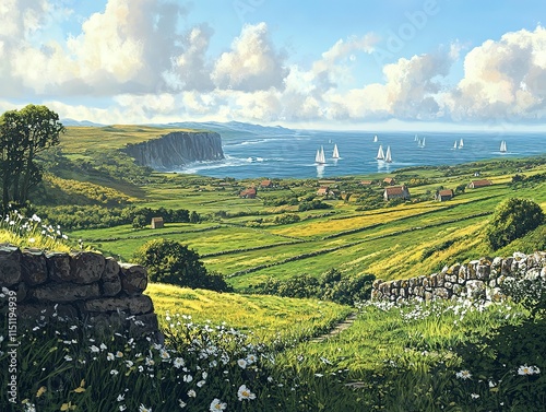 Coastal Village Serenity: Picturesque landscape painting of a tranquil coastal village nestled amidst rolling green hills, with white sailboats dotting the horizon under a vibrant summer sky.  