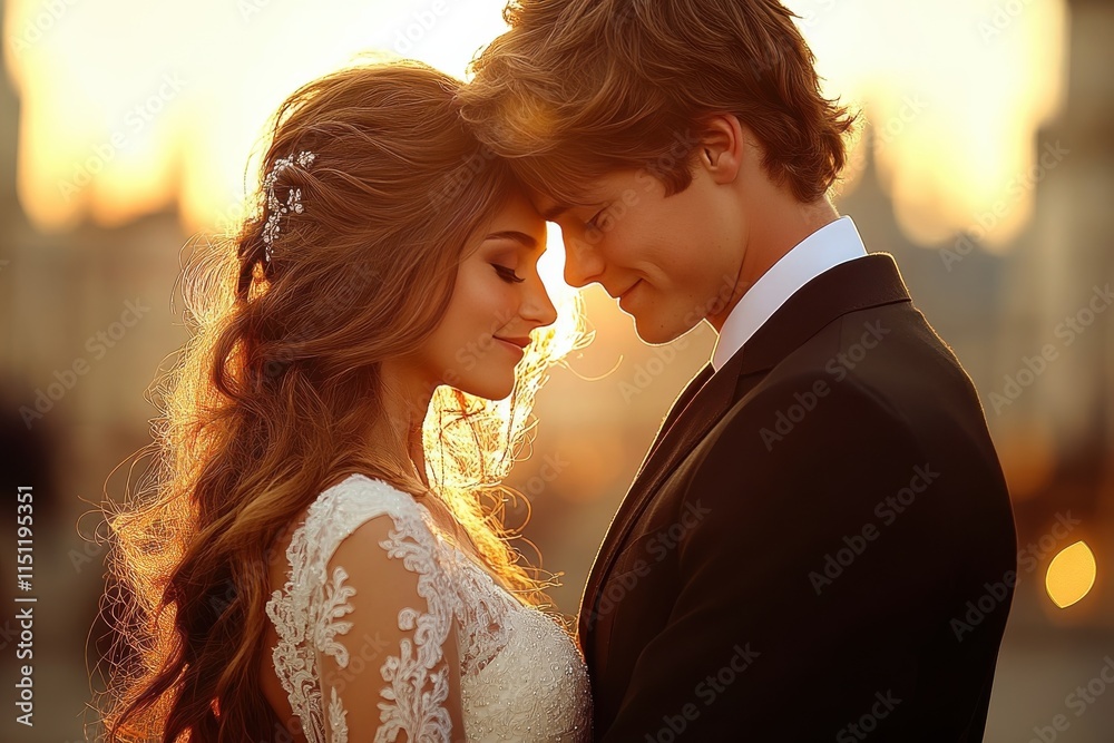 A bride and groom are embracing each other in a wedding photo A bride and groom are embracing each other in a wedding photo