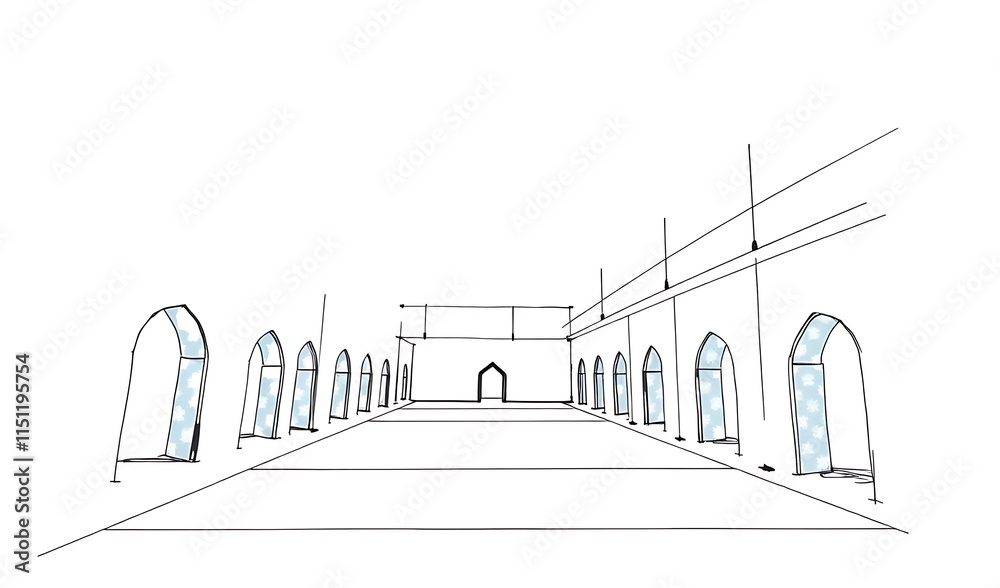 Obraz premium Hand-Drawn Sketch: Elegant Mosque Interior Perspective. AI Generated