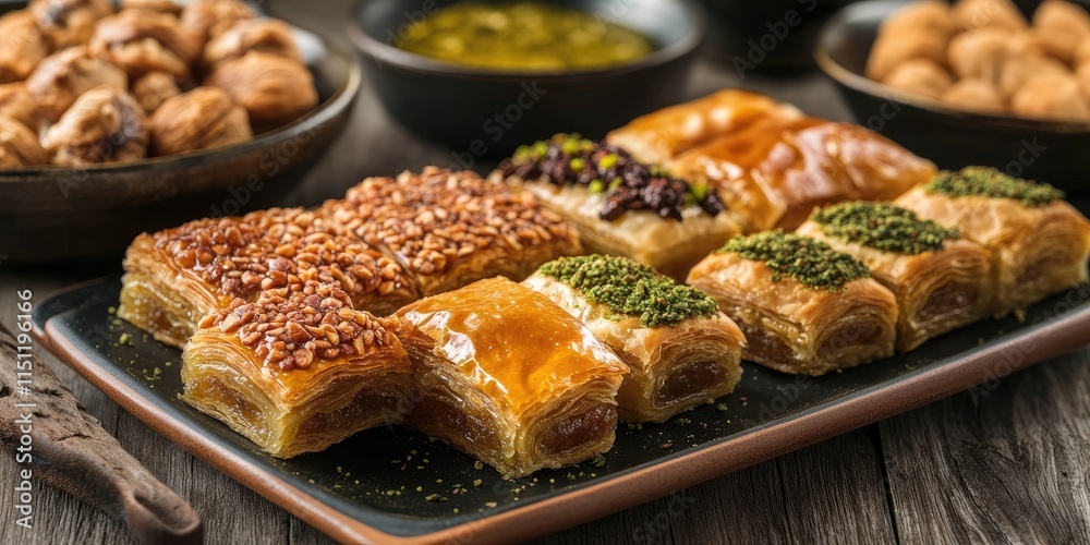 Fototapeta premium Delicious Arabic sweets featuring baklava made with an assortment of nuts, offering a delightful taste experience. These baklava treats showcase the rich flavors of traditional Arabic sweets.