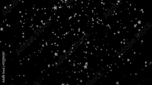 Snowfall overlay across a black background. Falling snow animation. Large and small snowflakes swirling and falling to the ground. Winter, Christmas and new year