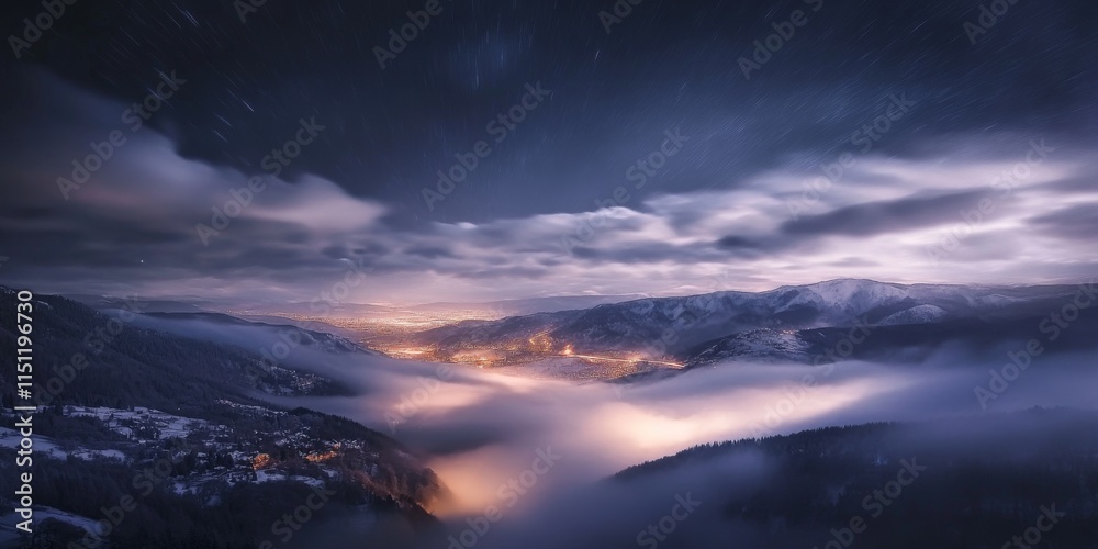 Fototapeta premium Aerial night light captures a stunning view with blurred trademarks, showcasing brand elements, while long exposure photography creates dynamic, moving clouds in the night sky.