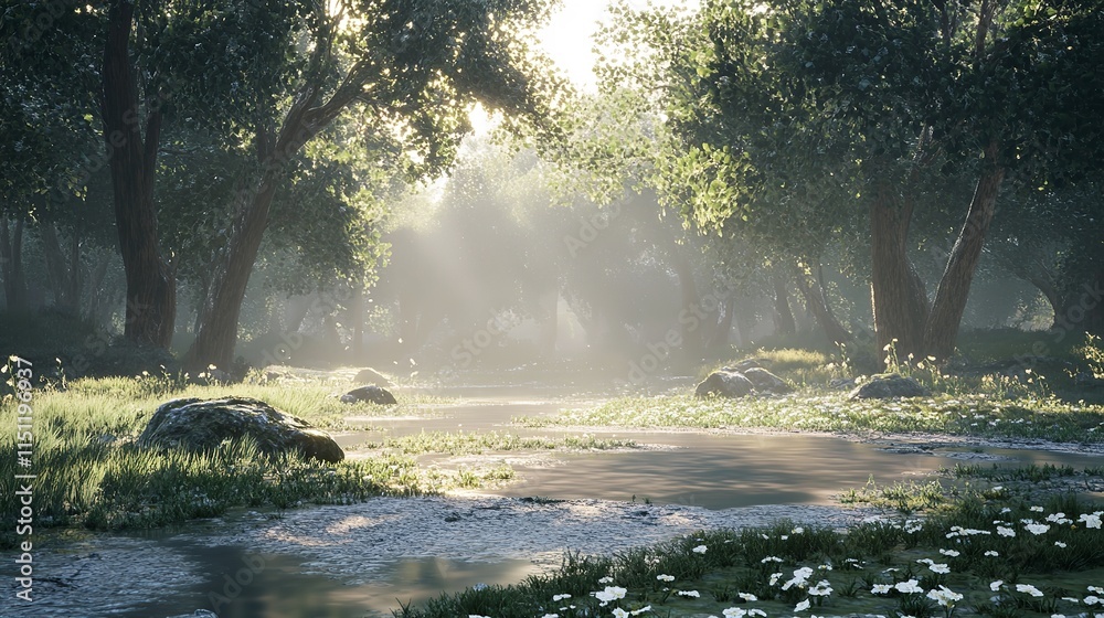 A peaceful river flowing through a tranquil forest A peaceful river flowing through a tranquil forest