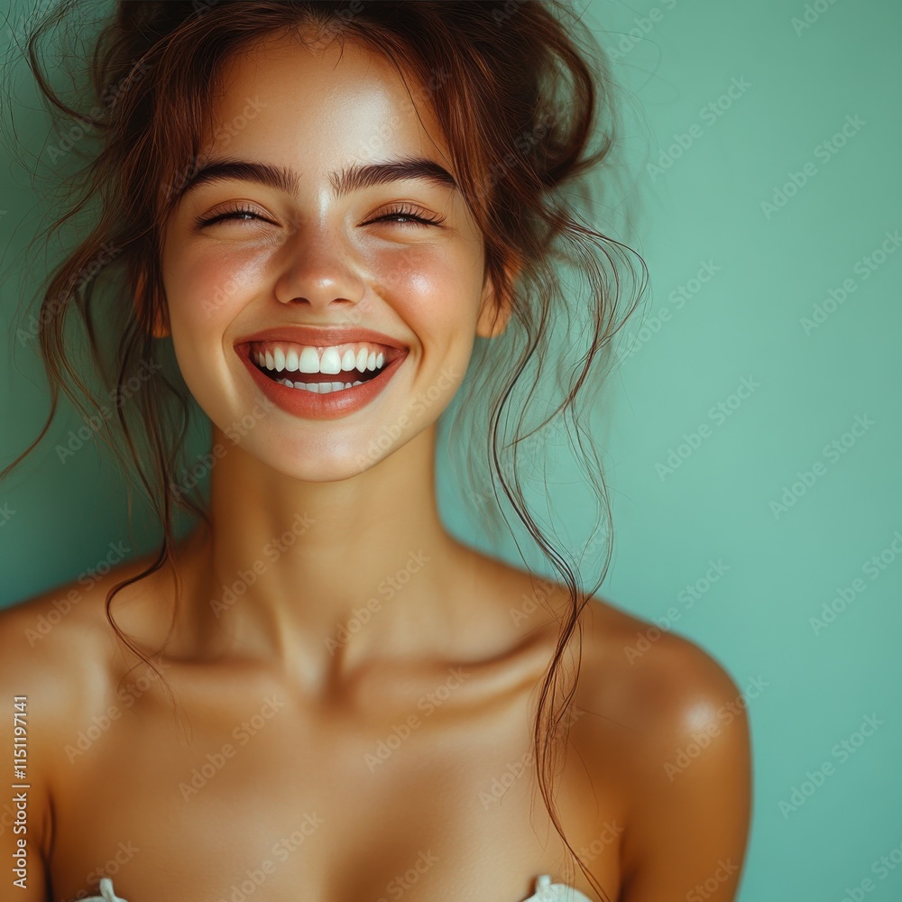Obraz premium A woman with a big smile on her face is wearing a bikini top