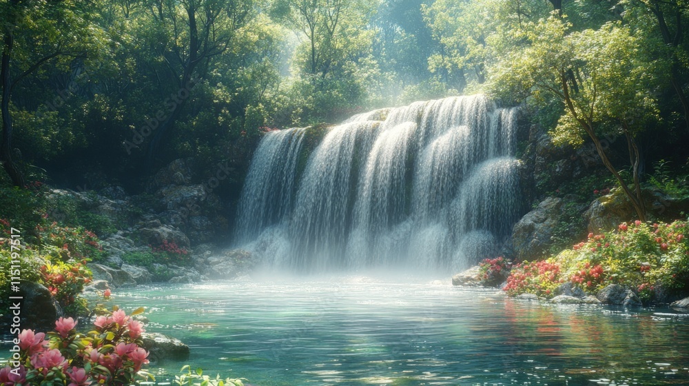 Serene waterfall cascading into tranquil pool, lush flora. Serene waterfall cascading into tranquil pool, lush flora.