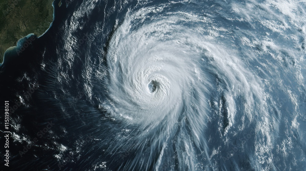 Large typhoon spinning over the Pacific Ocean, with water vapor trails extending in a spiral pattern from the center. Large typhoon spinning over the Pacific Ocean, with water vapor trails extending in a spiral pattern from the center.