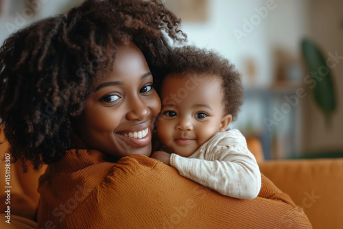 woman is holding a baby in her arms. The baby is smiling and the woman is smiling back. Scene is happy and loving