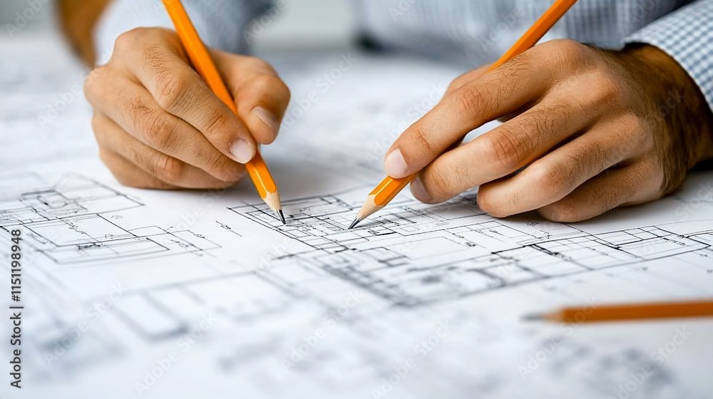 Hands using pencils to draft architectural plans on a blueprint.