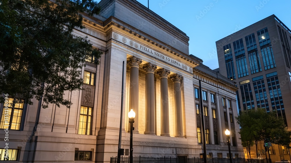 Obraz premium Historic Federal Reserve building exterior showcasing architectural grandeur and economic significance, embodying stability and financial stewardship in modern society.
