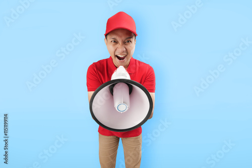 An enthusiastic Asian courier wearing a red uniform and cap uses a megaphone to deliver a powerful message. Set against a bright blue background