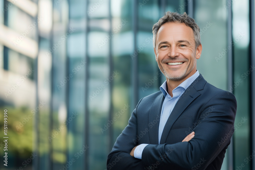 man in a suit and tie is smiling in front of a large glass window. Concept of confidence and professionalism, as the man is posing for a photo in a business setting man in a suit and tie is smiling in front of a large glass window. Concept of confidence and professionalism, as the man is posing for a photo in a business setting