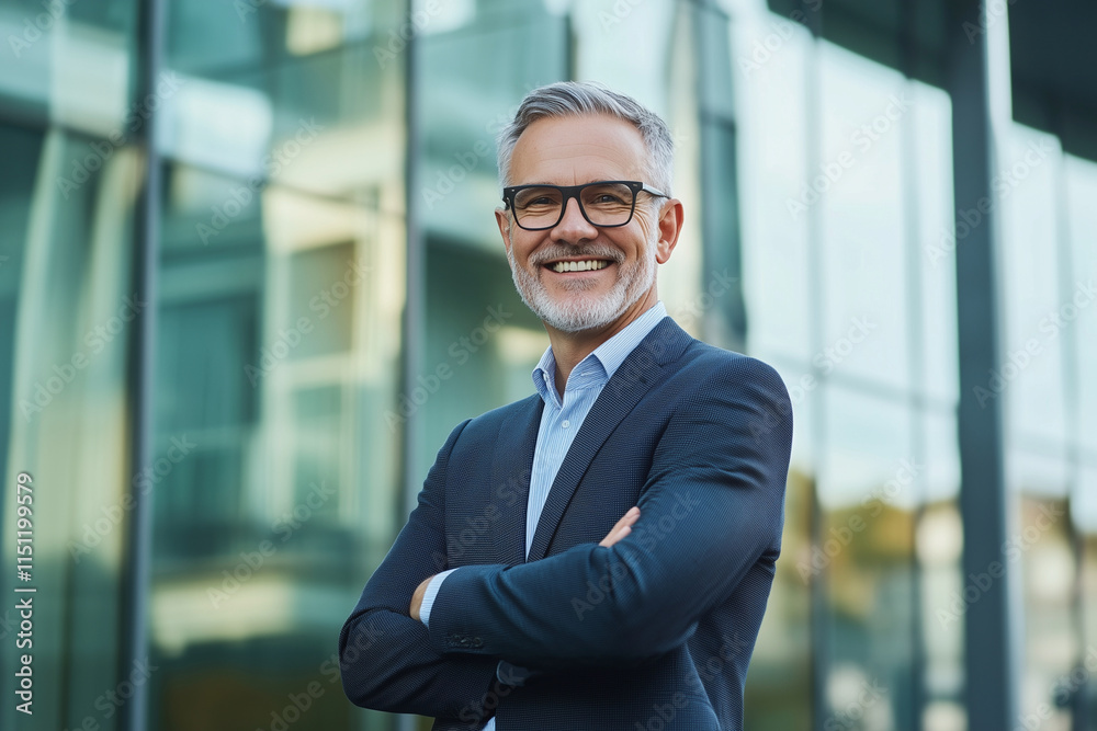 man in a suit is smiling and standing in front of a building. Concept of confidence and professionalism man in a suit is smiling and standing in front of a building. Concept of confidence and professionalism