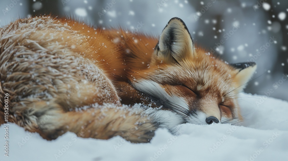 Fototapeta premium A Red Fox Sleeping Peacefully in the Snow