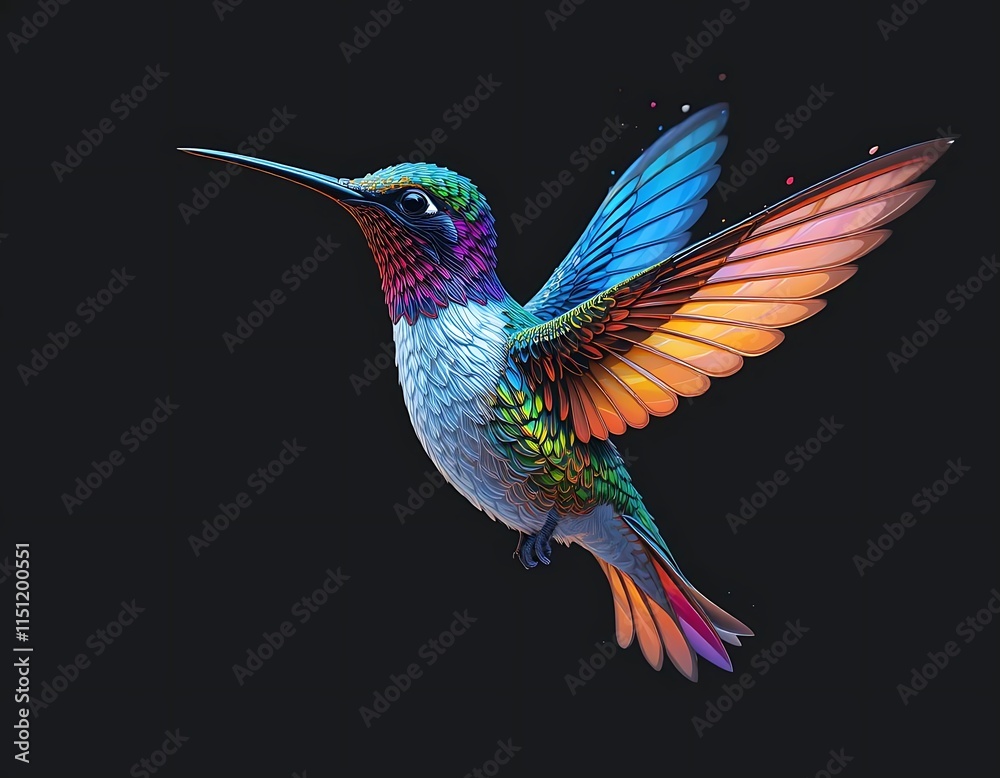 Fototapeta premium Vibrant Rainbow Hummingbird in Flight A Digital Masterpiece of Avian Beauty