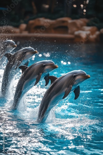 Dolphins leap in synchronized display at an aquatic show near a sparkling blue pool during a sunny afternoon photo