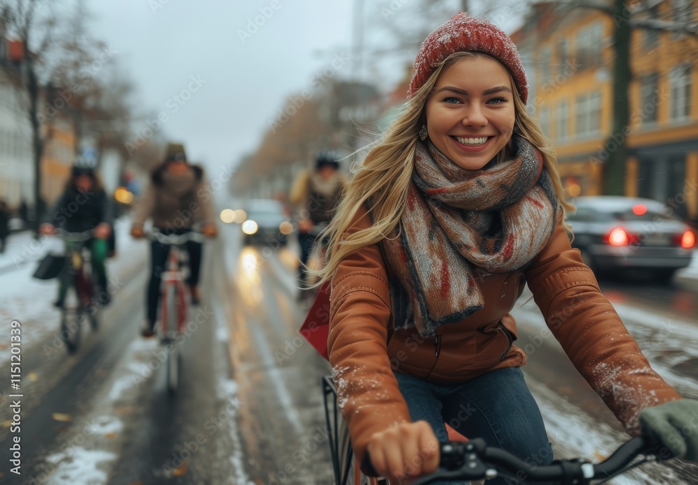 Woman rides bicycle through snowy city street with cheerful expression on a winter day Woman rides bicycle through snowy city street with cheerful expression on a winter day