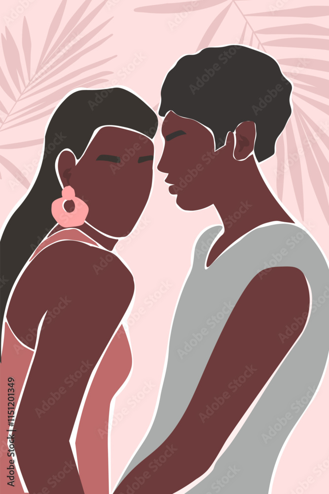 Abstract poster with a young couple in love. Guy and girl together. Vector graphics. Abstract poster with a young couple in love. Guy and girl together. Vector graphics.