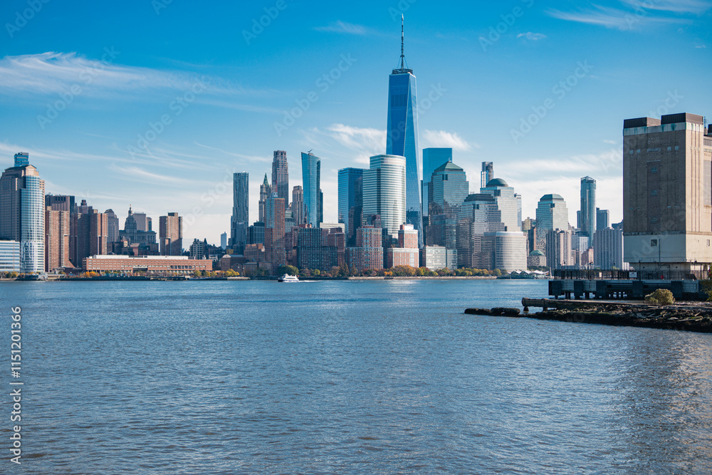 Fototapeta premium Panoramic view of New York, United States. New York city skyline in Midtown Manhattan. USA, NYC, NY, Manhattan. American big city. Lower Manhattan skyline. New York from New Jersey.