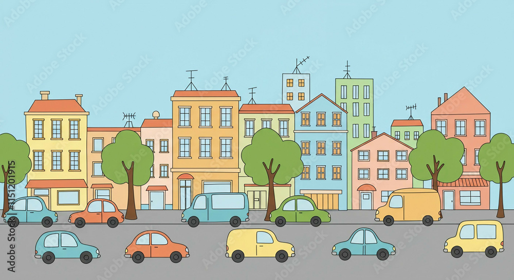 Naklejka premium Cartoon cityscape with cars and houses