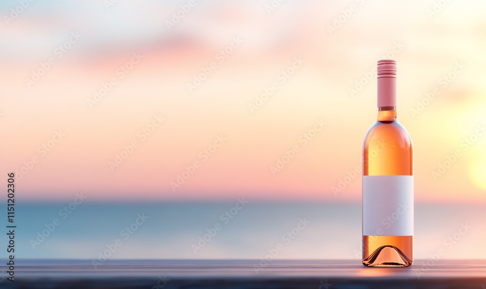 A bottle of ros? wine against a serene sunset background. A bottle of ros? wine against a serene sunset background.