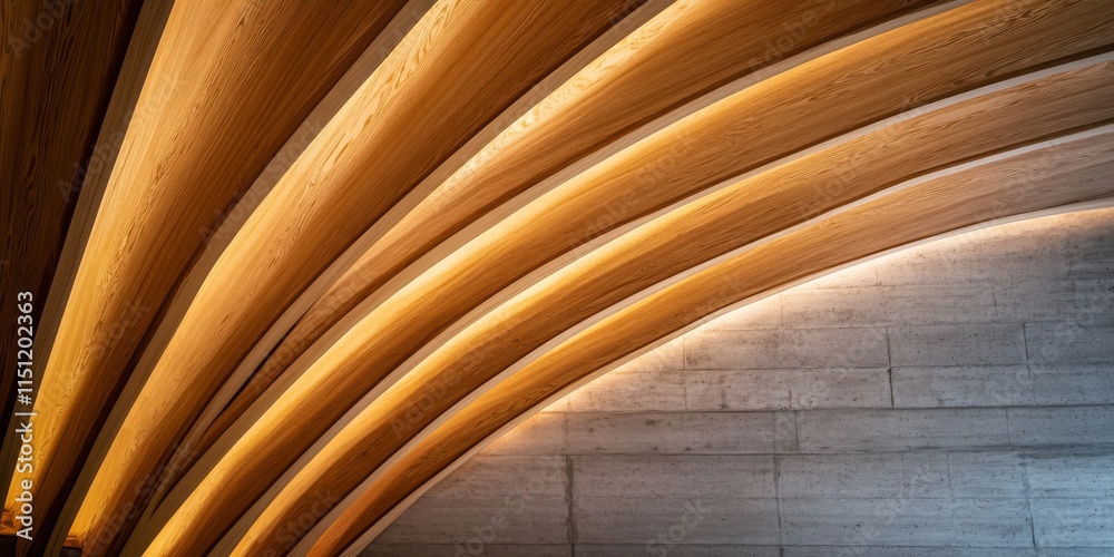Obraz premium Low angle view of a wooden ceiling illuminated by natural light, showcasing the texture and design of the wood. The wooden ceiling creates a warm and inviting atmosphere in the space.